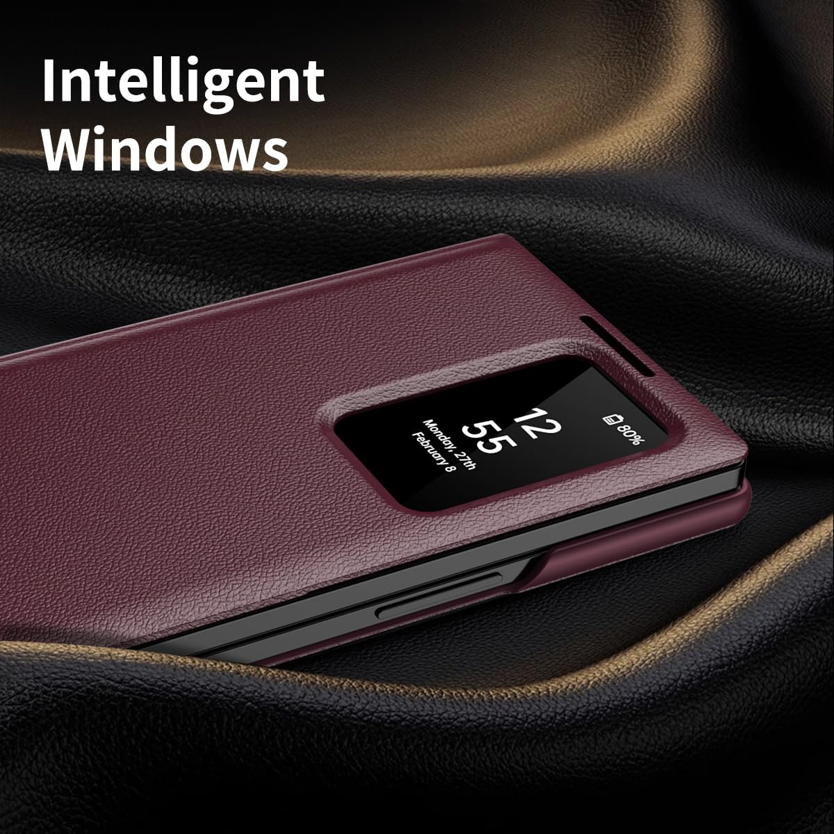COQUE Etui do Galaxy Z Fold 3, inteligentny telefon z okienkiem i 1 miejscem na kartę, wykwintne skórzane etui ochronne, do Samsung Galaxy Z Fold 3 5G-czerwone
