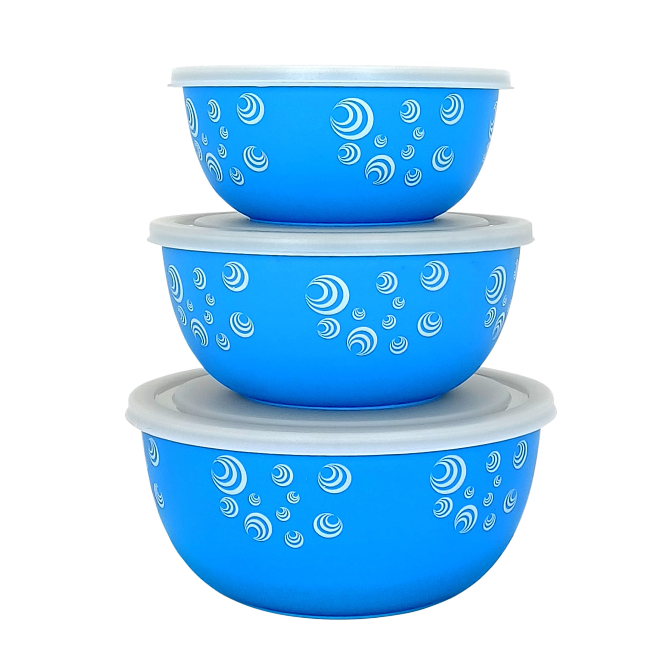 Zaib Microwave Safe Stainless Steel Mixing Bowl Set with Lids | Spiral Print | 500ml, 750ml, 1250ml | Blue Euro Design Food Storage Containers for Kitchen | Pack of 3