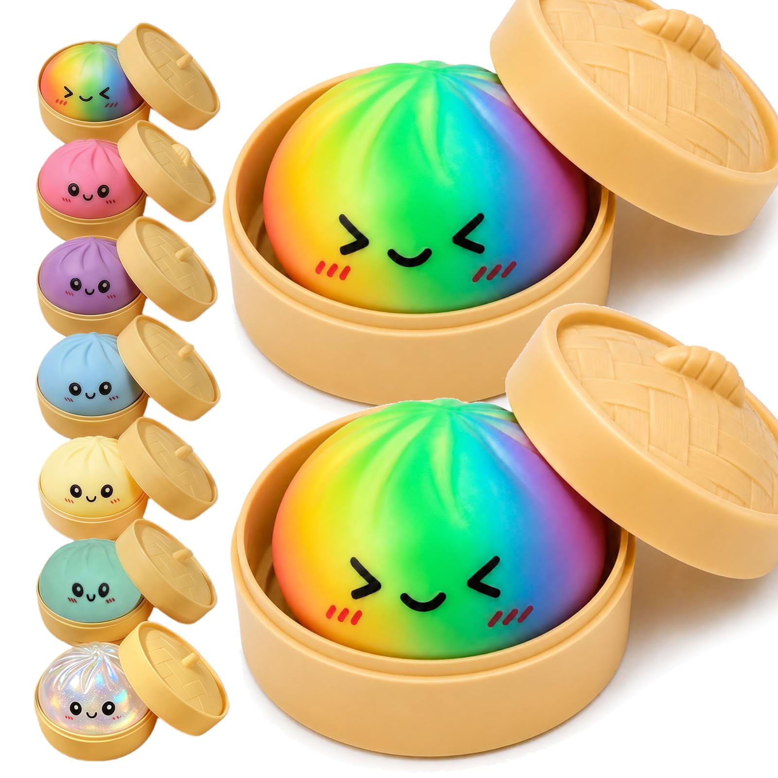 Photo 1 of **ONE STEAMER BASKET IS MISSING***2PCS Rainbow Dumpling Squishies Toys with Food Steamer,Colorful Squeeze Dough Fidget Sensory Stress Balls,Stretchy Hand Desk Toys for Stress Relief Squishies Dumpling Gifts**ONE STEAMER BASKET IS MISSING***