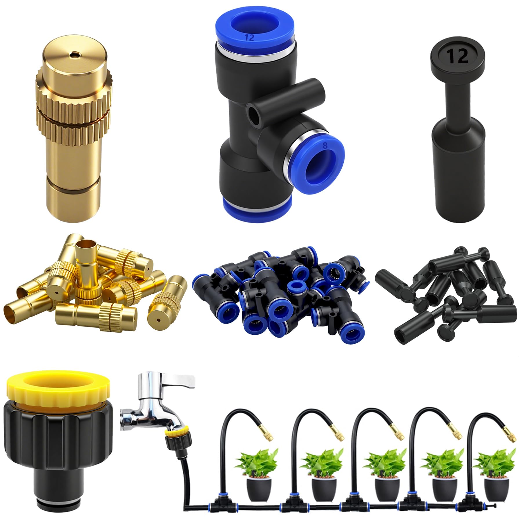 CESFONJER Brass Misting Nozzles Set, Irrigation System Kit, Automatic Drip Irrigation Kit with 12mm Quick Connect Adapter for Garden, Yard, Lawn, Greenhouse