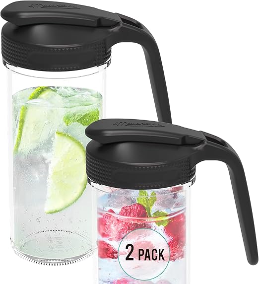 Masontops Multi Pour Top - 2 Pack - Small/Regular Mouth Mason Jar Pitcher Lid with Handle and Flip Cap – Black – Lid Accessories for Mason Jars