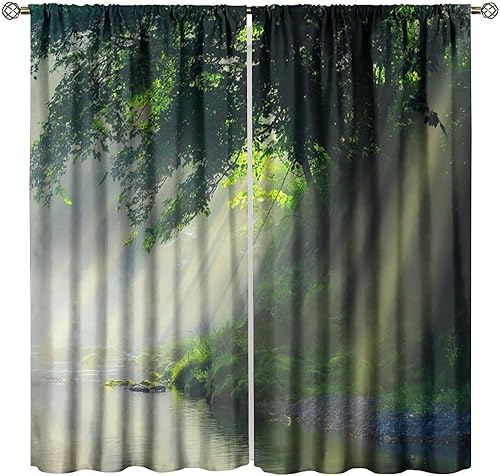 Miniatura 25 de Cortinas de cascada, patrón de paisaje con tema de naturaleza primaveral en bosque, cortinas térmicas opacas para dormitorio y sala de estar, juego