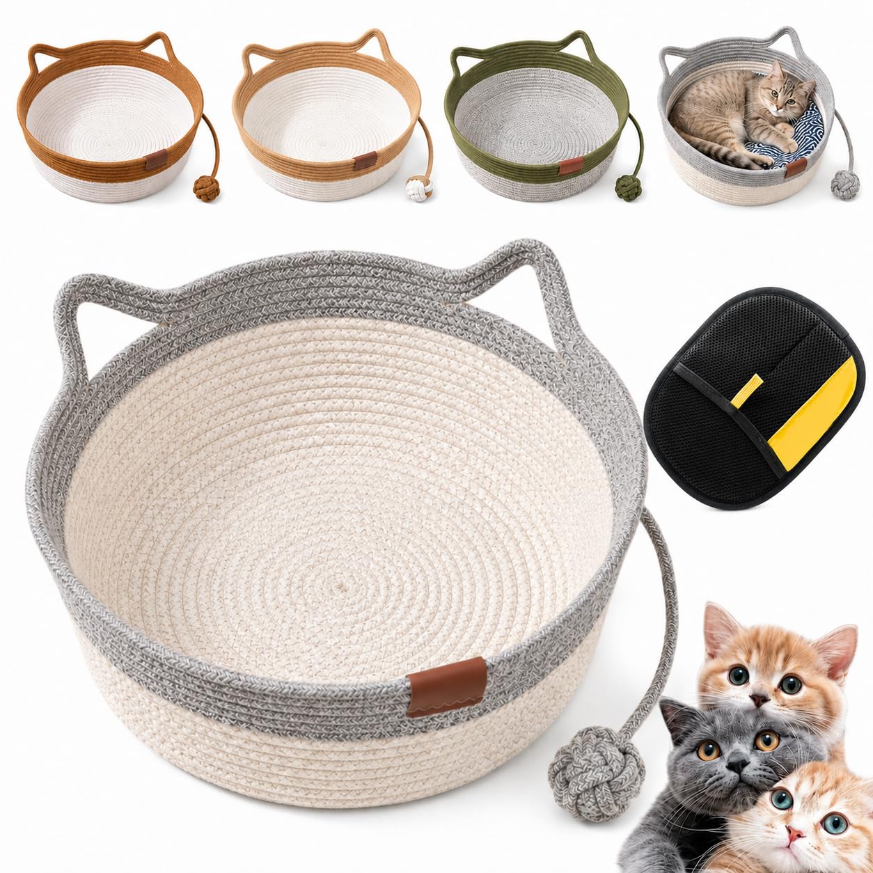Instinct Basket for Cats with Toy Ball, Woven Cat Scratch Pad Bed, Breathable Instinct Basket for Cats, Washable Round Cat Bed for Indoor Cats, Kittens and Small Pets，Gray：S(up to 9Lb)