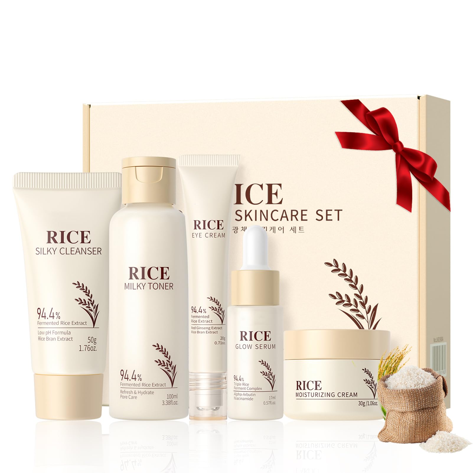 Korean Skincare Set,Rice Skin Care Sets & Kits,Glass Skin Care Gift Set including Cleanser,Toner,Serum,Cream,Eye Cream,Glowing ,Hydrating