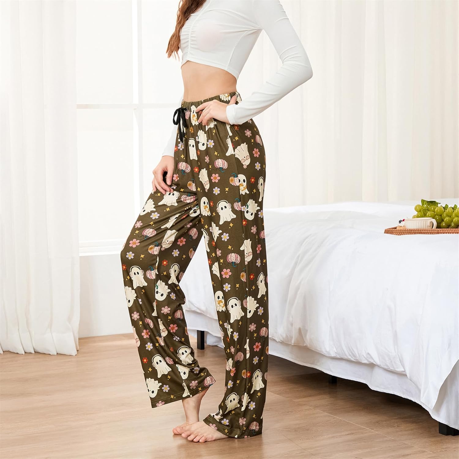iTranyee Women Halloween Lounge Pants Soft Ghost Print Loose Elastic Waist Drawstring Pajama Bottoms Cute Sleepwear - Image 2