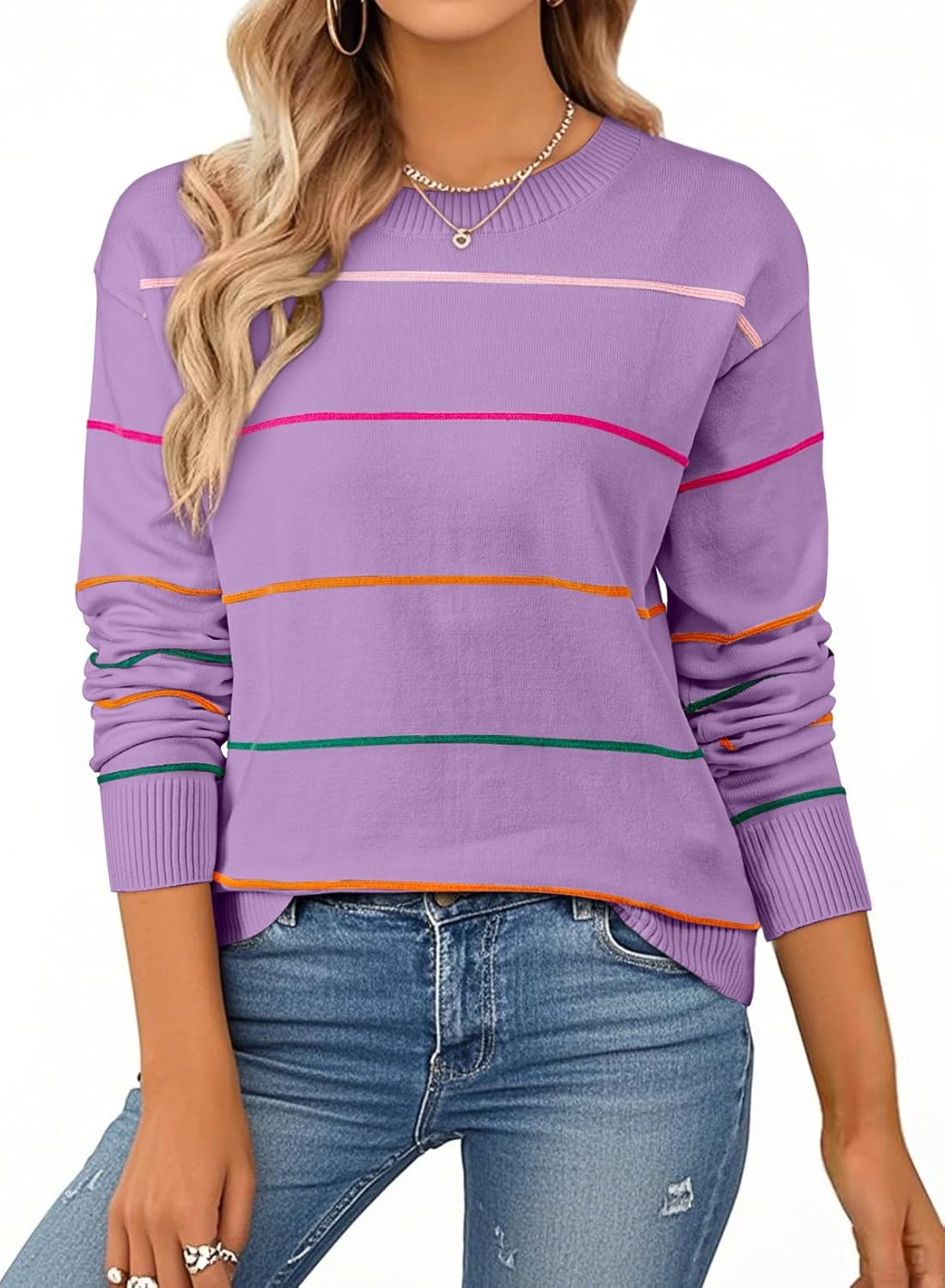 SHEWIN Womens Sweaters Crew Neck Knit Long Sleeve Striped Sweater Fall Outfits for Women 2025