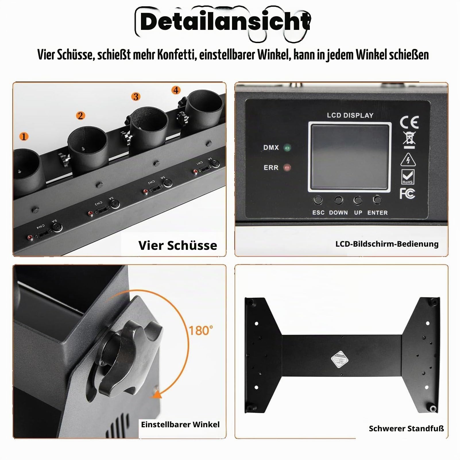 4-Schuss-Konfettiwerfer, Streamer-Kanone, Konfettimaschine, DMX-Fernbedienung, elektrische Papier-Konfettikanone für Hochzeits-Disco-Show-Club-Bühnenparty