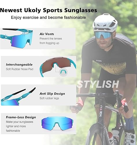 Miniatura 3 de Ukoly Lentes de sol de ciclismo con 3 lentes intercambiables para hombres y mujeres, lentes de sol deportivas polarizadas, lentes de sol para béisbol