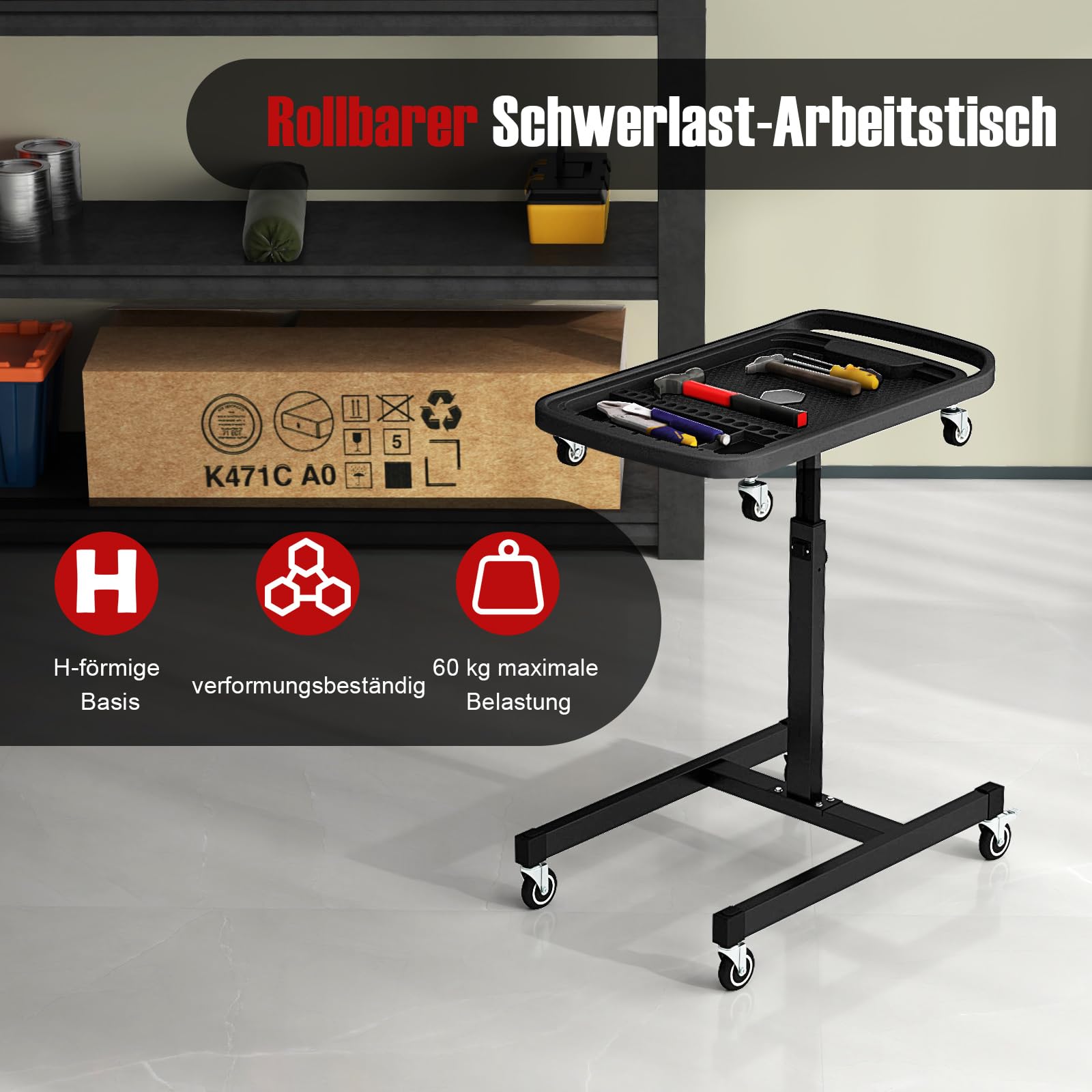 COSTWAY Stół narzędziowy 2 w 1, zwijany, stół roboczy z regulacją wysokości, ze zdejmowaną komorą, mechaniczny wózek narzędziowy do garażu, warsztatu, warsztatu, warsztatu, naprawy, obciążenie do 60