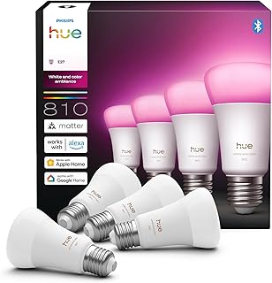 Philips Hue Ampoule LED connectée A60, White and color, Culot E27, 6 W, Spectre complet 1000-2000 K, 810 lumens, Intensité variable, Compatible avec Alexa, Google Assistant et Apple Home, pack de 4
