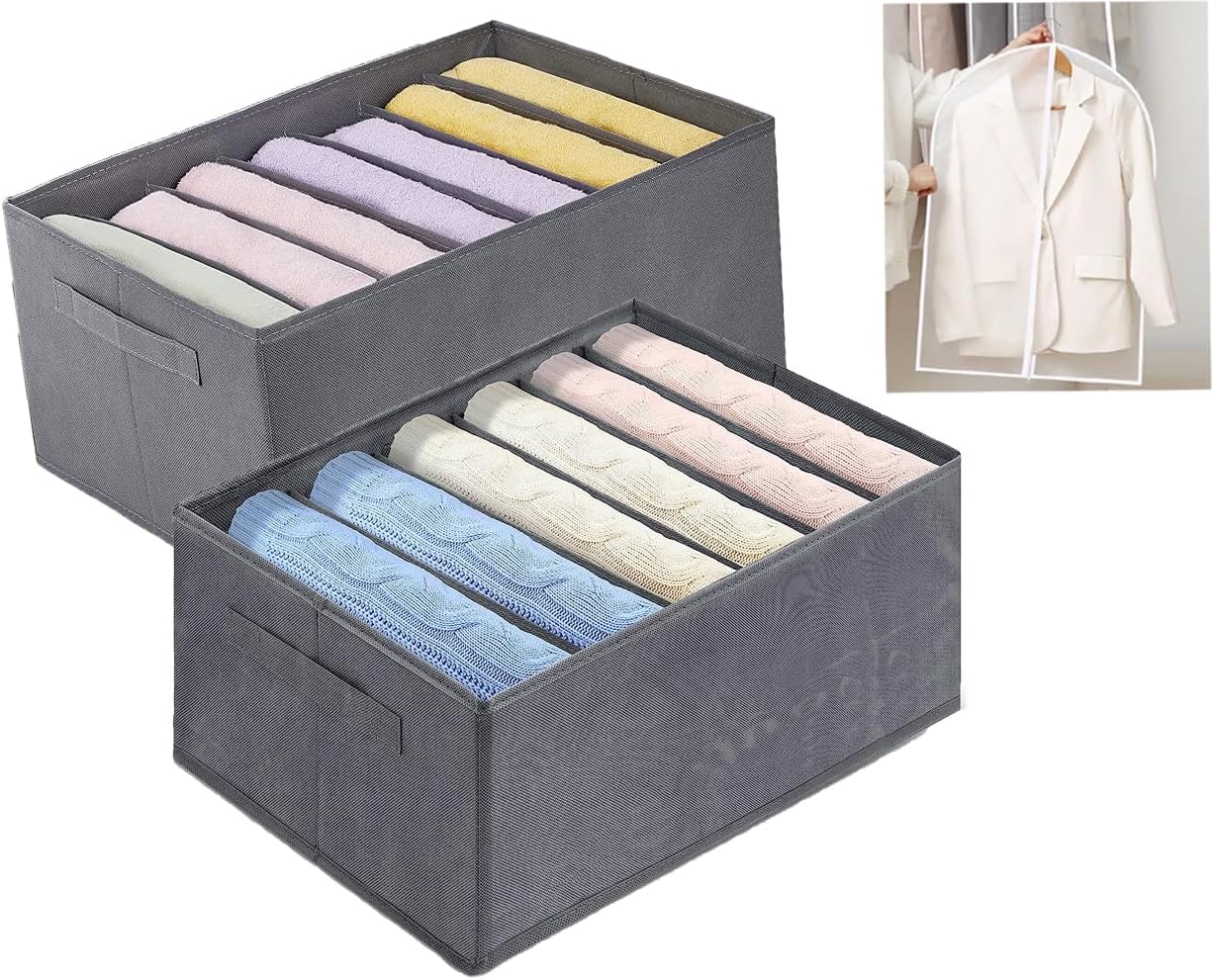 CLOUDFOUR Wardrobe Clothes Storage Organizer 2 pack with 6 & 7 Grids, Storage Box, Foldable Wardrobe Divider Organizer for Jeans, T-shirt, Denim, Space Saving Closet Storage Bin with Handles