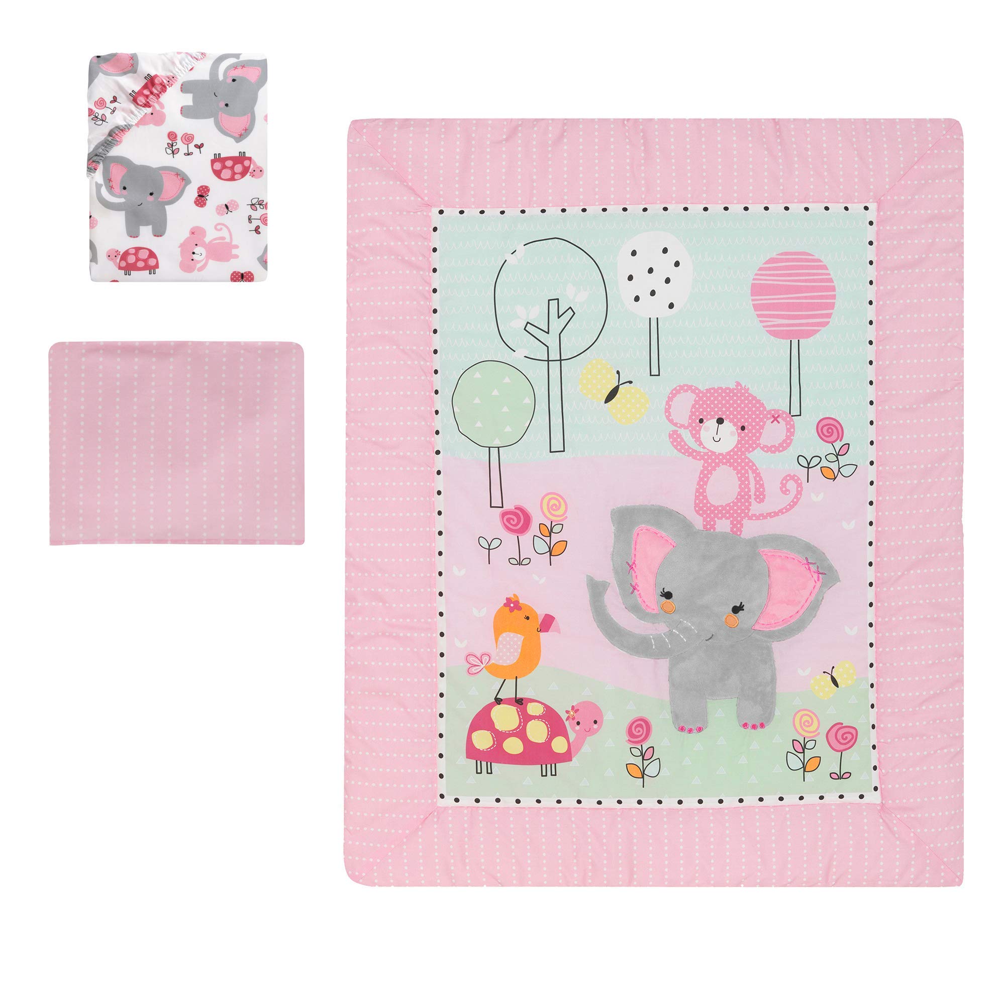 Bedtime Originals Twinkle Toes Jungle Elephant - Juego de Ropa de Cama de 3 Piezas, Color Rosa y Blanco