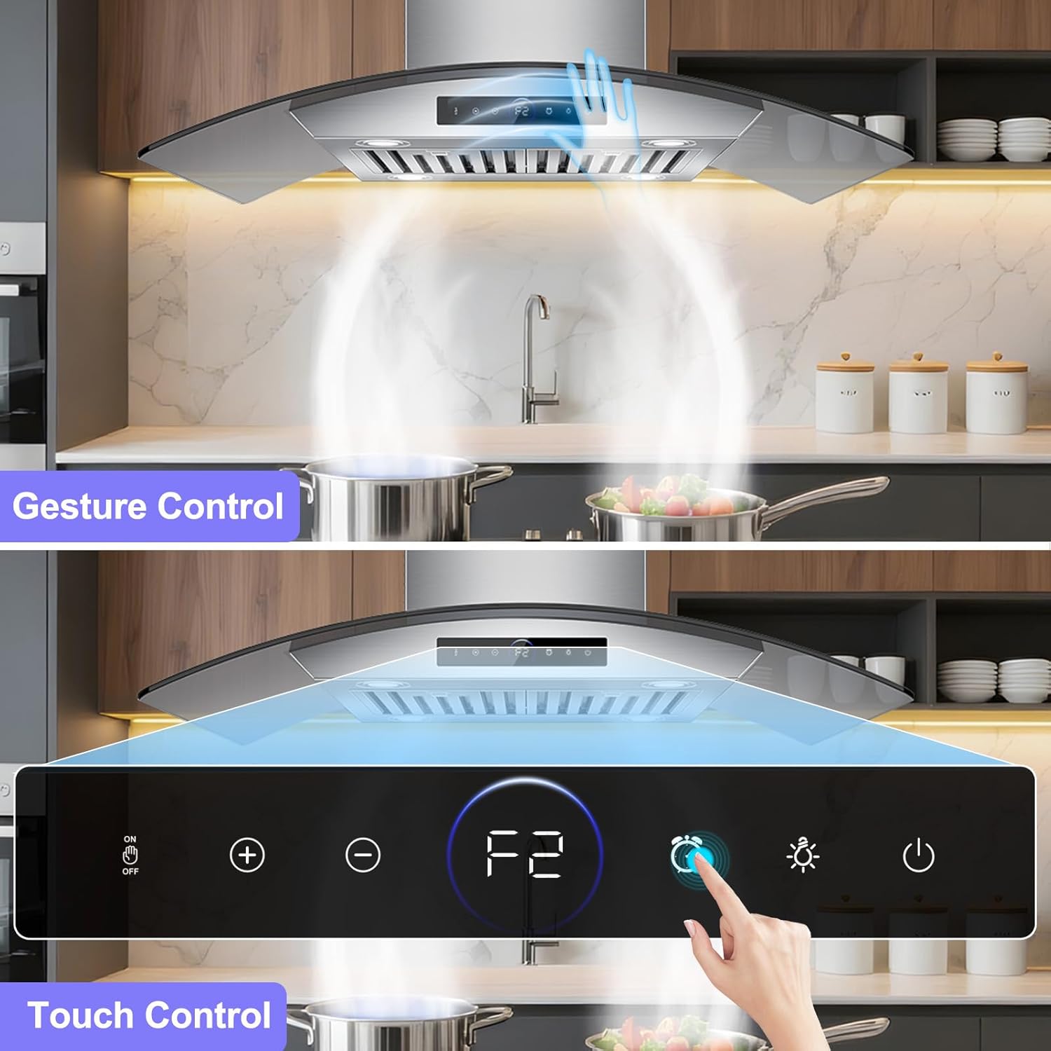 36 inch Island Range Hood 1200 CFM with 4-Speed Gesture Sensing & Touch Control, Ducted/Ductless Stainless Steel Ceiling Mount Kitchen Stove Vent Hoods with 4 LED Lights, Timer,Dishwasher-Safe Filters