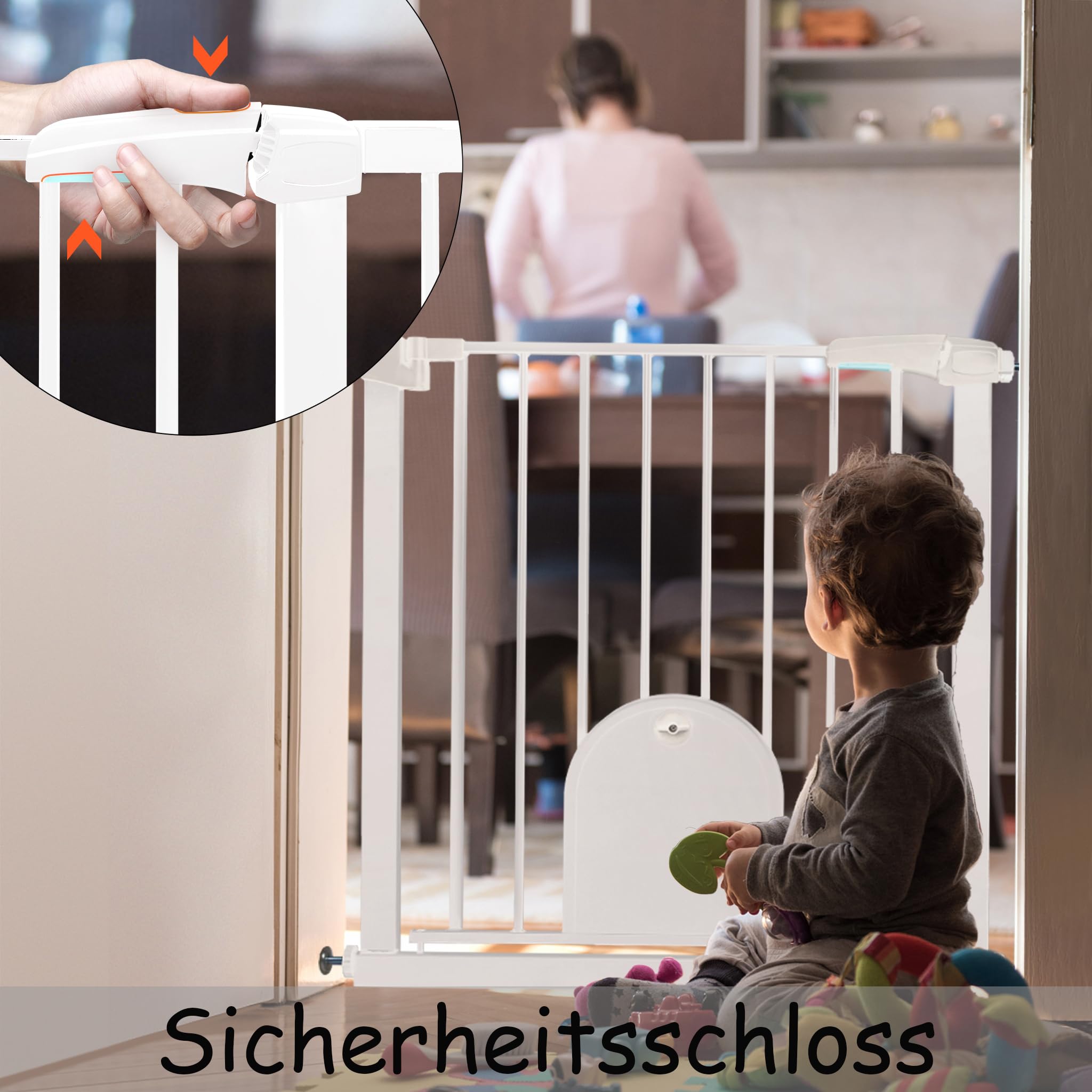 FIVMEN Barrera de Seguridad para Puerta y Escalera Puerta de Seguridad para Bebés Sin Perforaciones Cierre Automático Valla Seguridad Infantil con Puerta para Perros y Gatos, 85-95 cm Blanco