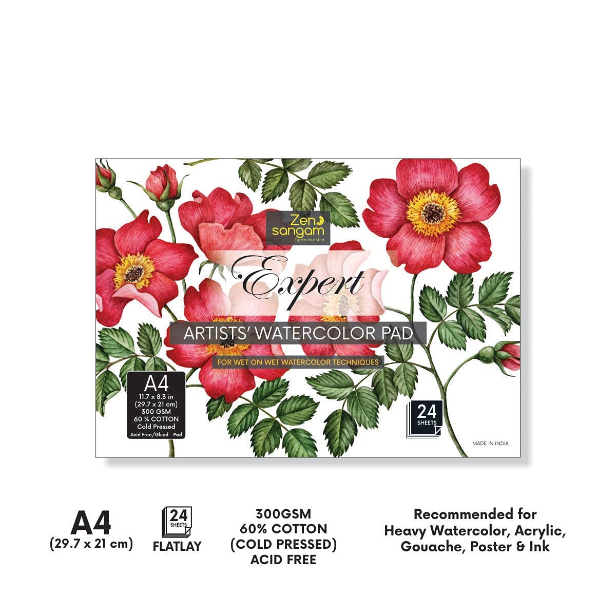 Zen Sangam A4 Expert Akwarela 300 g/m² 60% bawełna tłoczona na zimno podkładka papierowa do szkicowania - 24 arkusze (48 stron) - papier akwarelowy - książka akwarelowa (krajobraz A4)