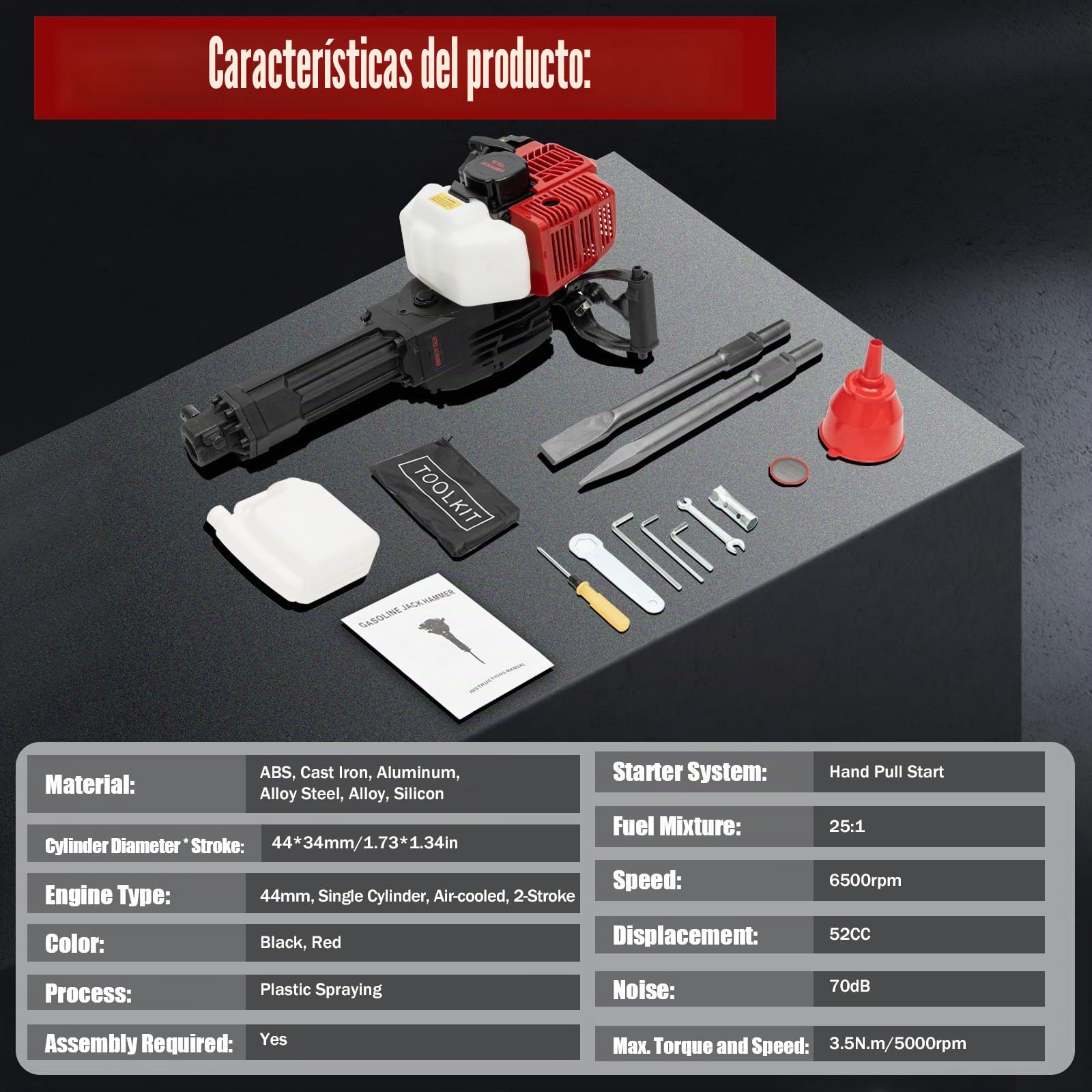 MINRS - Martillo de demolición de gasolina (52 cc, 2 tiempos, martillo perforador, 1900 W, gasolina, rompedor de hormigón, 50J, taladro de hormigón multifunción, con cincel afilado y cincel plano
