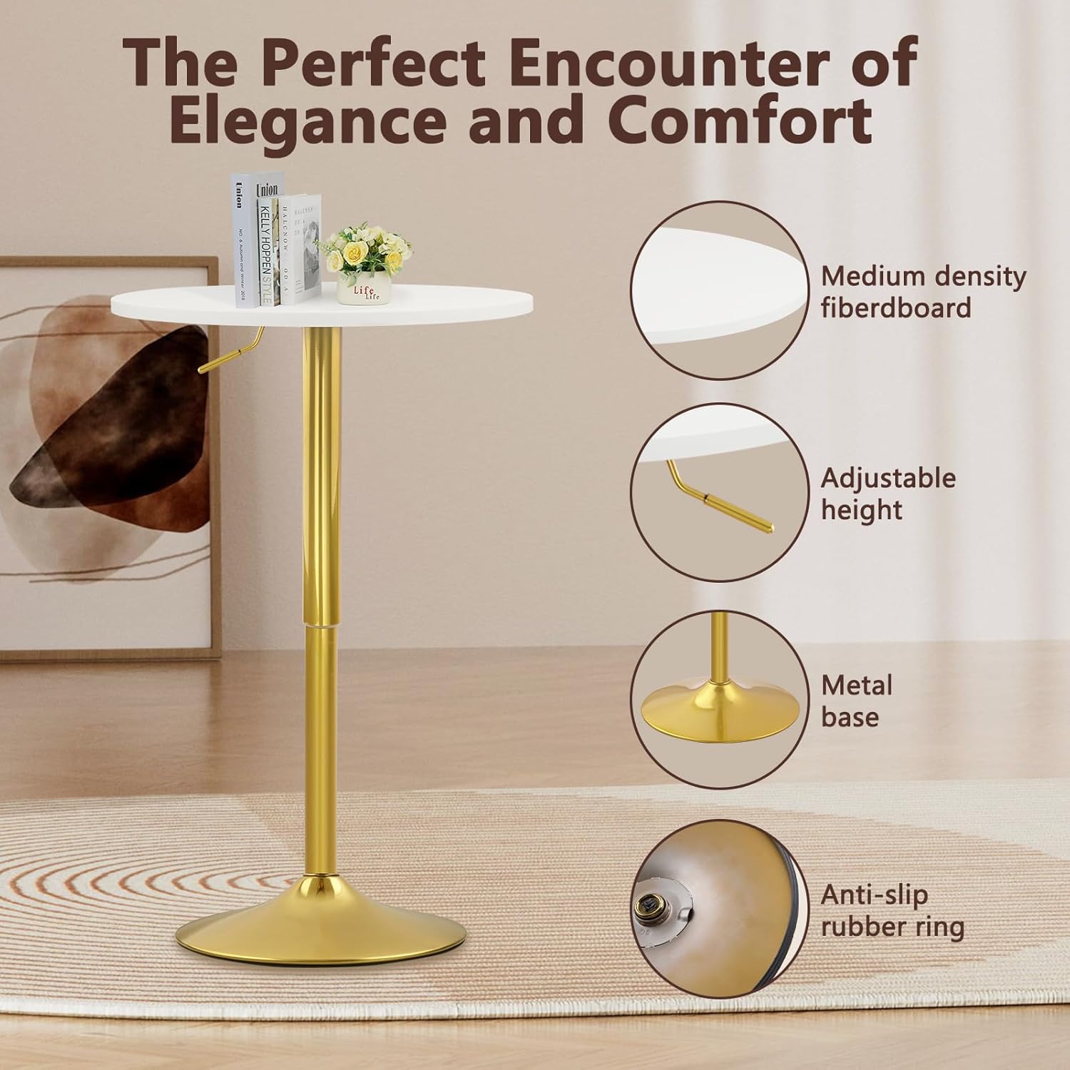 CLATINA Round Bar Table, Height Adjustable 26"-36" Bistro Pub Table with Gold Metal Base, 360° Swivel High Top Cocktail Table for Kitchen, Home, Restaurant, Cafe, Wedding, Party, Reception, White