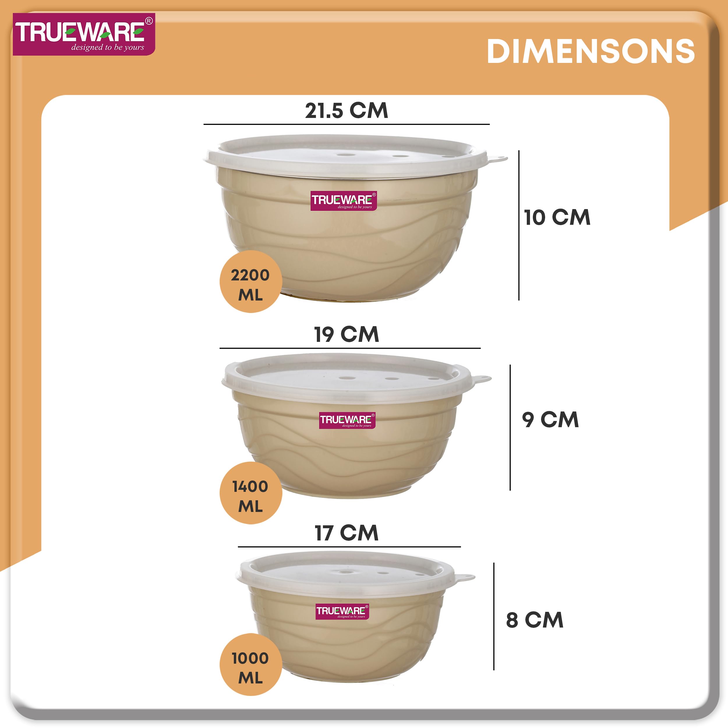 Trueware Microwave Safe Bowl |1 Year Warranty | Bowl Sets, Bowl, Serving Bowl with lid |1000,1400,2000 ml | Florra Stainless Steel Serving Bowls, Microwave Bowl | Mixing Bowl Set of 3 with Lid- Cream 1