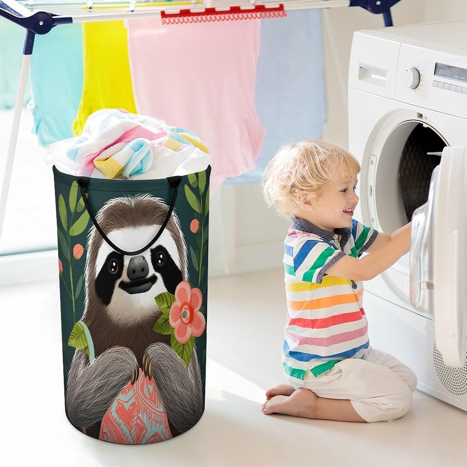 Cute Sloth Laundry Hamper with Handles Waterproof Collapsible Laundry Basket Large Lightweight Round Dirty Clothes Hamper for Home Dorm Bathroom Decor