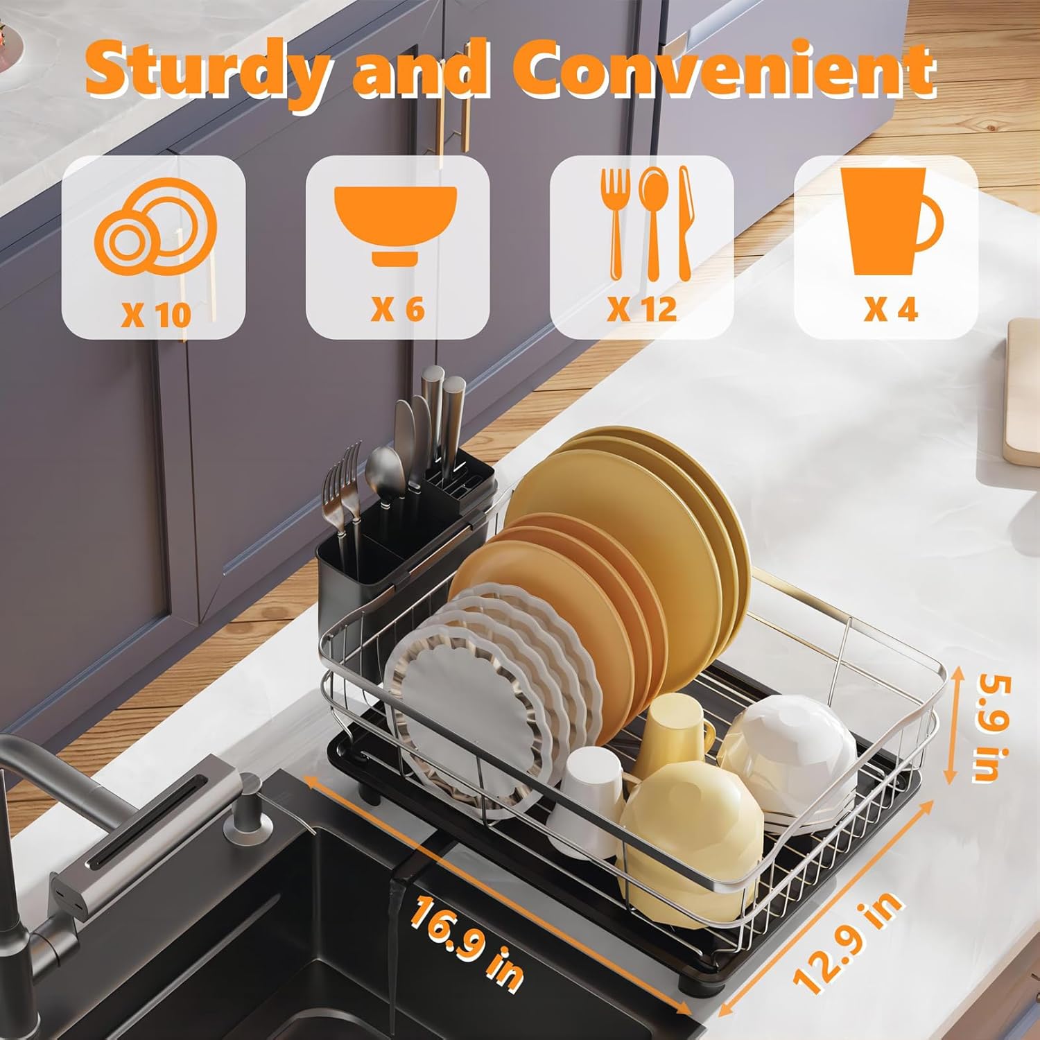 AIDERLY Stainless Steel Dish Drying Rack with Drainboard Dish Drainers for Kitchen Counter Extendable Spout Strainers with Utensil Holder and Knife Slots, Black