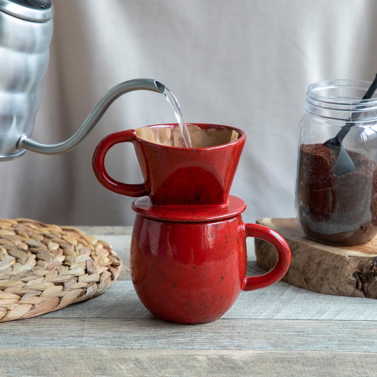 Asayu Japan Keramik Kaffeeaufguss-Set Chrom Rot Papierfilterhalterung Dripper 3 Löcher Kaffee Tee
