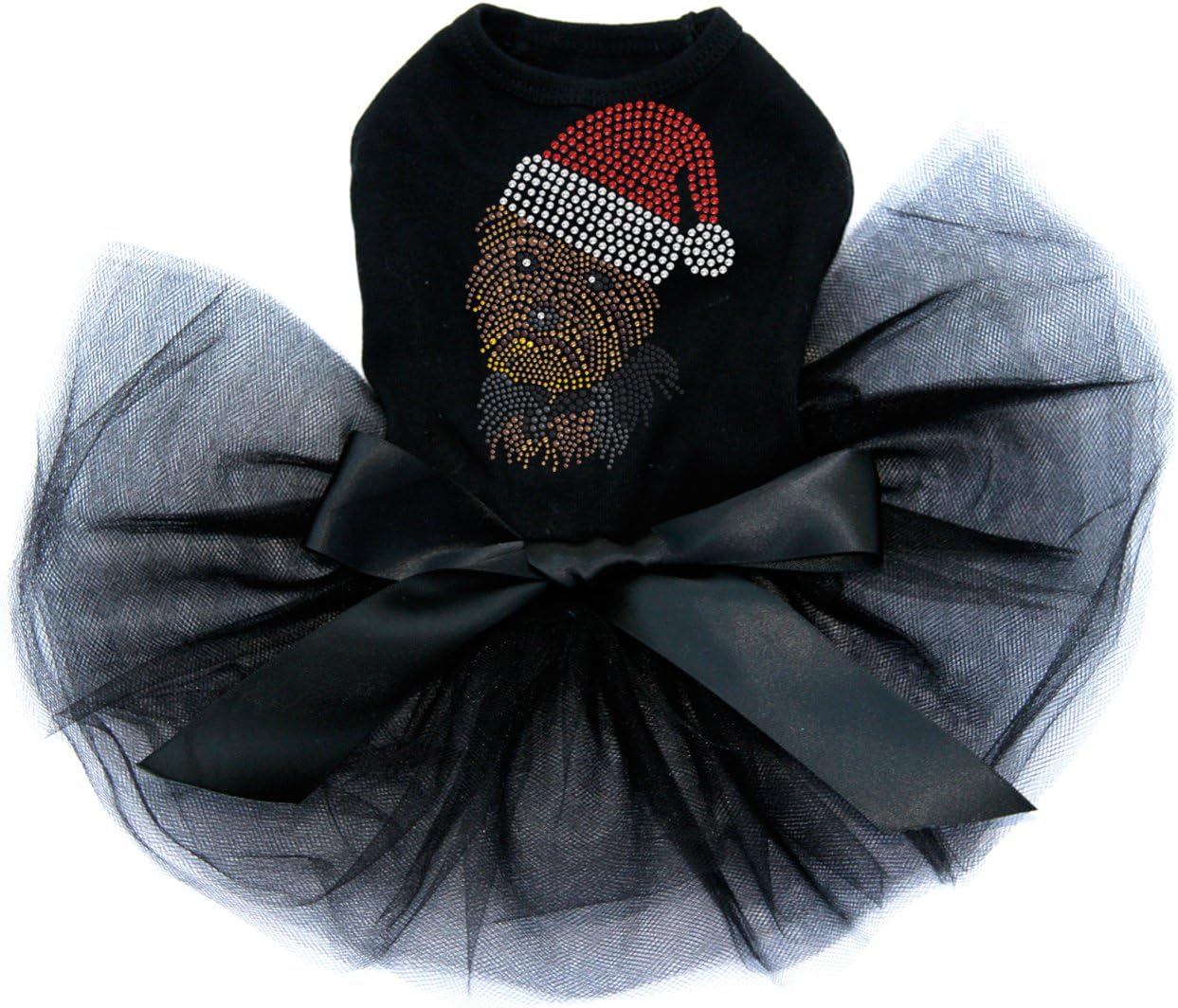 Yorkie Face # 1 with Santa Hat - Bling Rhinestone Christmas Dog Tutu Dress, 3XL Black