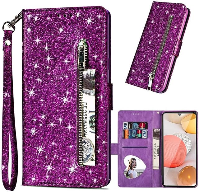 LLZ.COQUE for Samsung A12 Case Glitter Flip Phone Case Leather Wallet Zipper Folio Book Stand View Cases with Card Slots for Samsung A12 5G Case, Purple