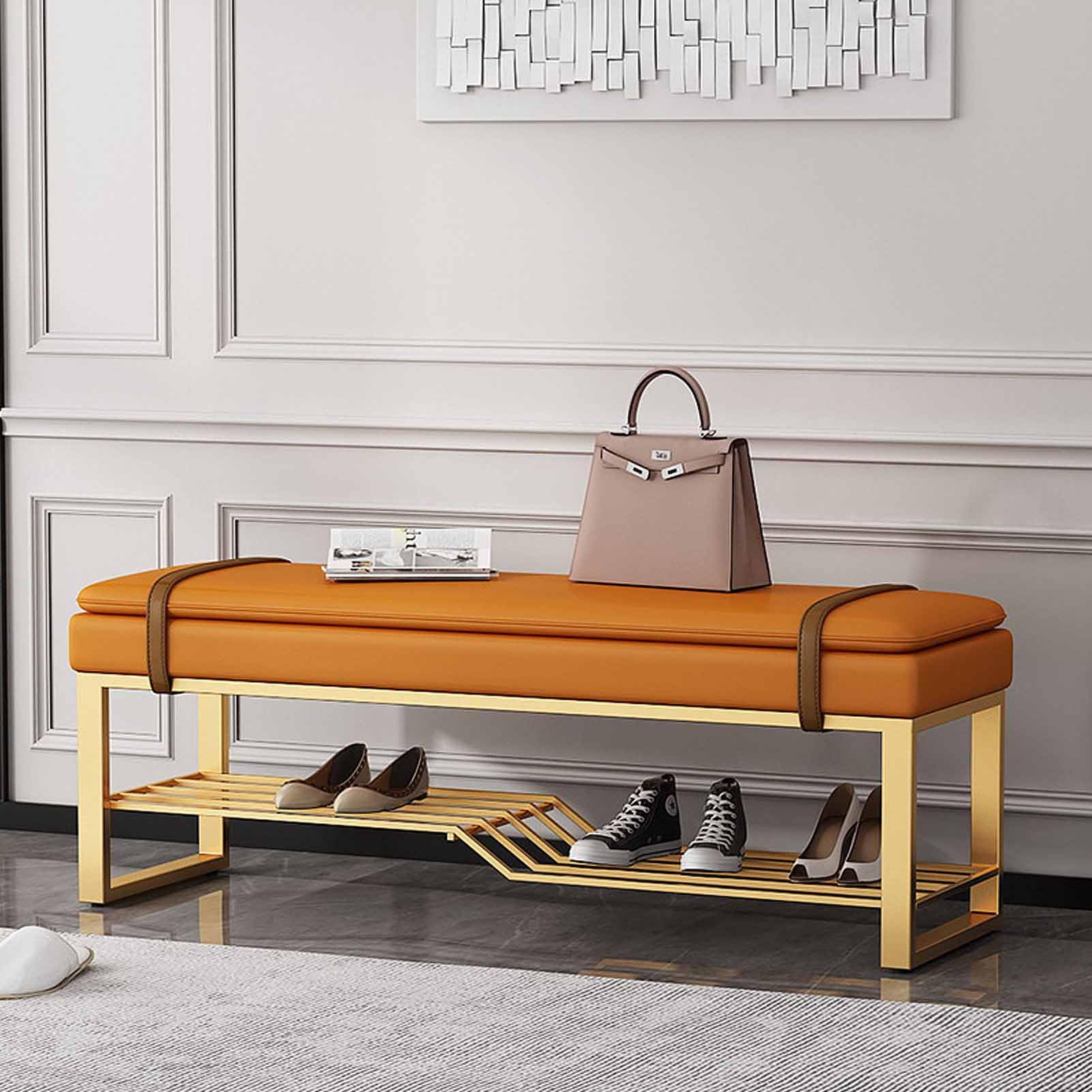 SXZenSpace Shoe Stool Household Doorway Entryway Bench Entrance Bedside Metal Iron Frame Shoes Rack for Living Room Bedroom