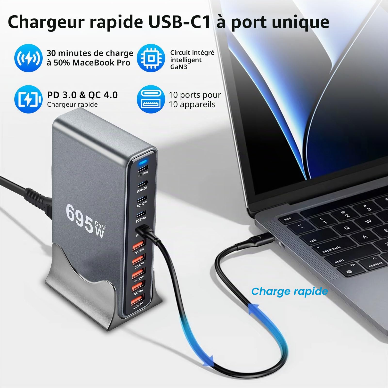 ARCELI Chargeur USB C 695 W 10 ports, GaN III, chargeur USB C avec 5 ports USB-C PD + 5 ports USB-A QC4.0, chargeur rapide pour téléphone 16/15/14 Pro Max, Samsung Galaxy, MacBook, Pad, ordinateur