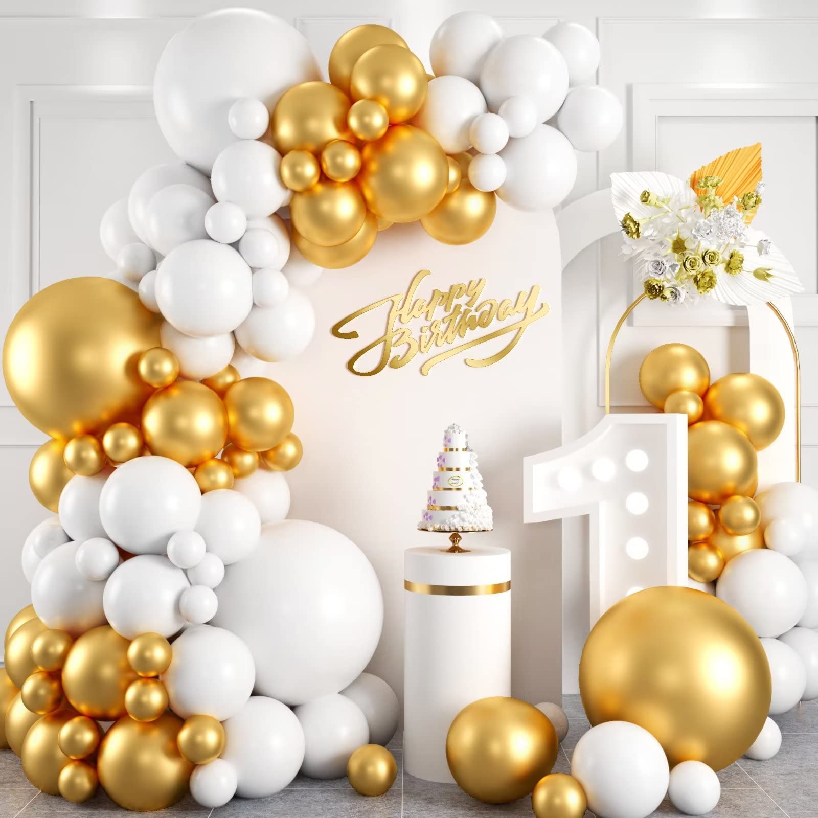 White and Gold Balloon Arch Garland Kit, Metallic Gold and Latex White Balloons Different Sizes 18/12/10/5 inch for Wedding Anniversary Birthday