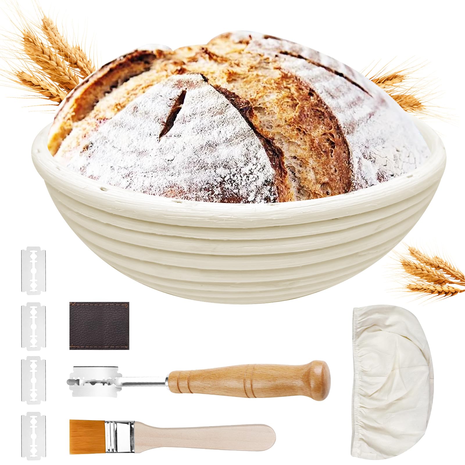 Traxenta Gärkörbchen für Brot, Gärkorb Rund 22 cm, Brot Backen Zubehör, Banneton Gärkörbe Set, Bread Proofing Basket, Brotgärkörbchen, Brotbackkorb Inklusive Leinenbezug, Bäckermesser, und Pinsel