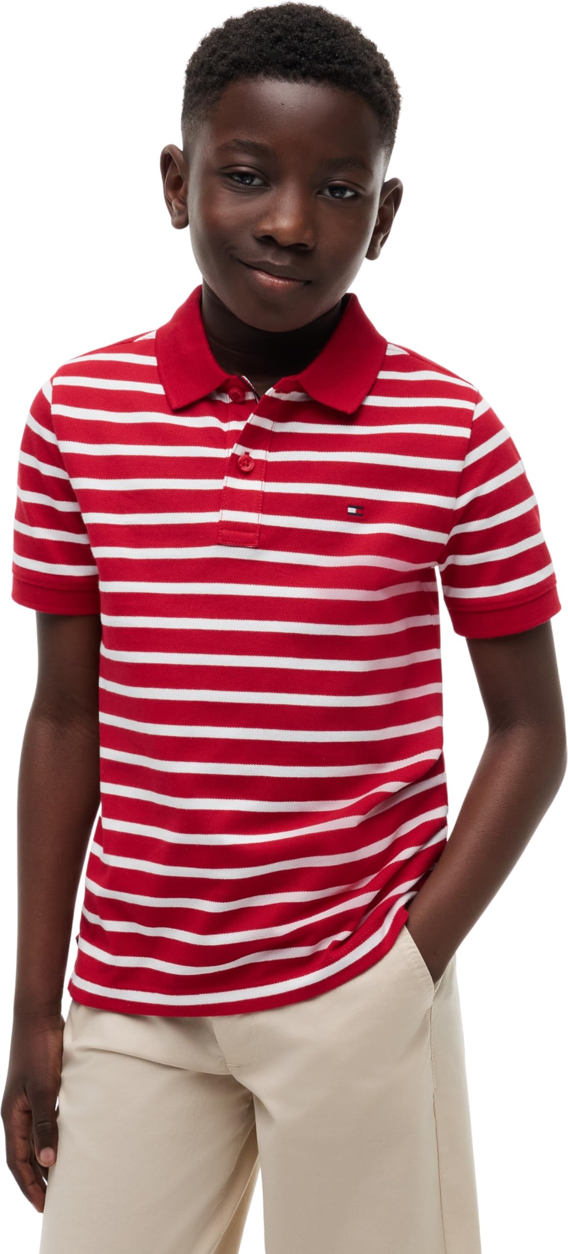 Tommy Hilfiger Boys' Polo Shirt Short Sleeve Flag Regular Fit, Red (Primary Red Stripe), 16 Years