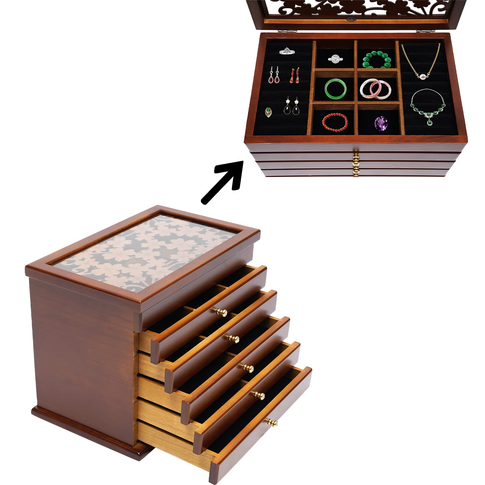 6 Layers Jewelry Box Wooden Jewelry Box organizer / pudełko na kolekcję dla kobiet, szkatułka na biżuterię, gumowa wyściółka i wyściółka ochronna, na kolczyki, bransoletki, naszyjniki