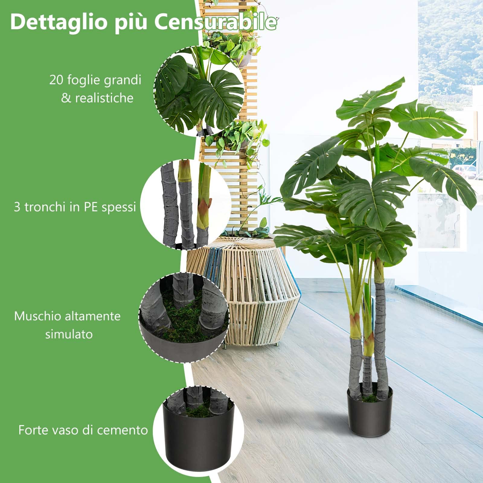 COSTWAY Pianta Finta 120 cm, Albero di Filodendro Artificiale con Foglie in Plastica PE, 3 Rami e 20 Foglie e Supporto in Cemento, Ideale per Casa, Ufficio e Negozio