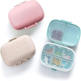 3 Pack Travel Pill Organizer with 8 Compartments, Moisture Proof Small Pill Box Daily Pill Case for Portable Medicine Vitamin Container Pocket Purse (Beige,Blue, Pink)