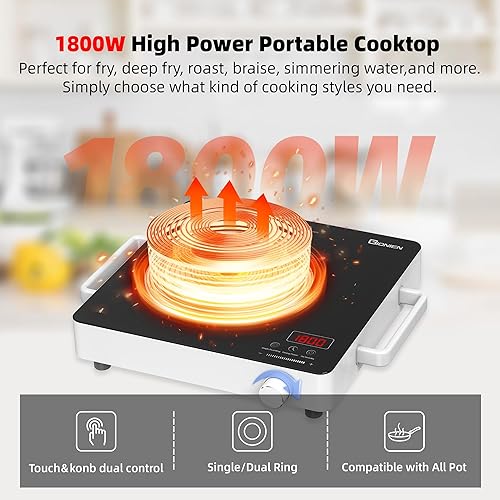 Miniatura 6 de GIONIEN Estufa eléctrica de 1 quemador de 110 V, estufa eléctrica portátil con asa, quemador de encimera de cerámica, control de perilla,