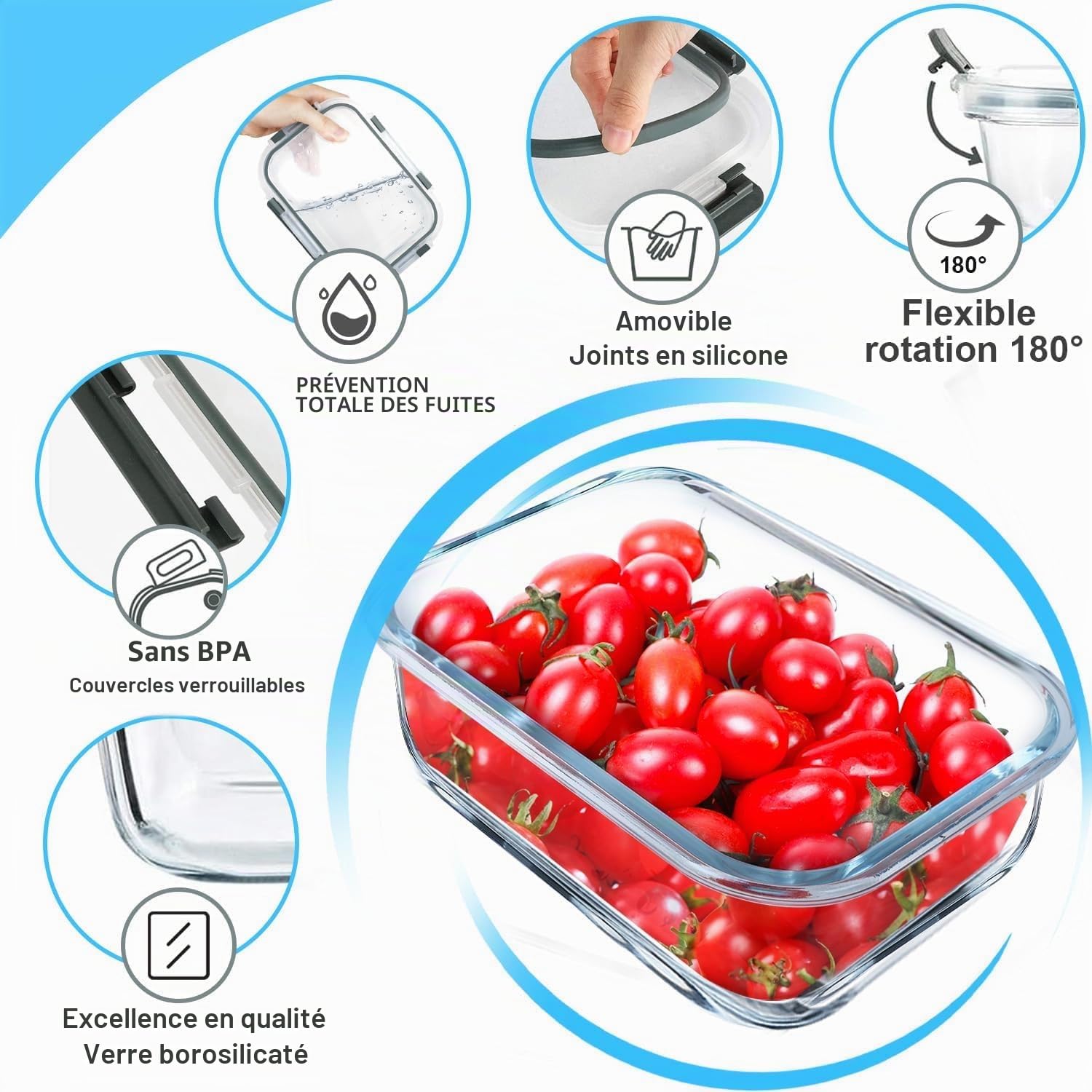 VERONES Lot de 5 récipients hermétiques en verre de 36oz pour la préparation des repas, boîtes à déjeuner en verre avec couvercles, pour micro-ondes, four, congélateur