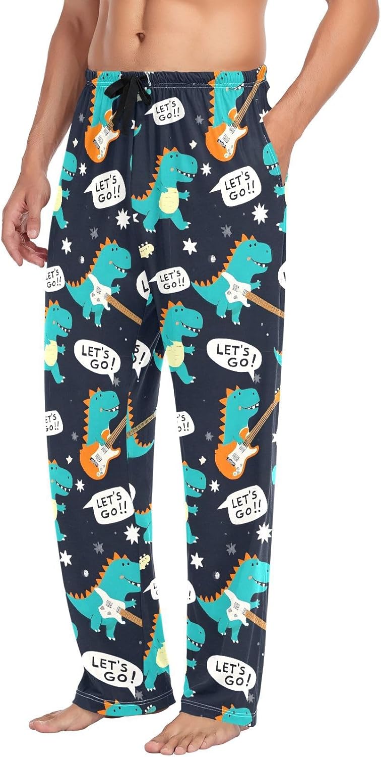 ALAZA Cute Dinosaurs Dino Music Men's Pajama Pants Men Cotton Pajama Bottoms with Pockets, S