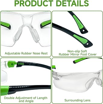 Clear Adjustable Safety Glasses for Work, Anti-Fog Anti-Scratch Coating UV Protection Wrap-Around Lenses Non-Slip Grips Safety Glasses With Case and Neck Cord for All-Day Wear– Black/Green Frames