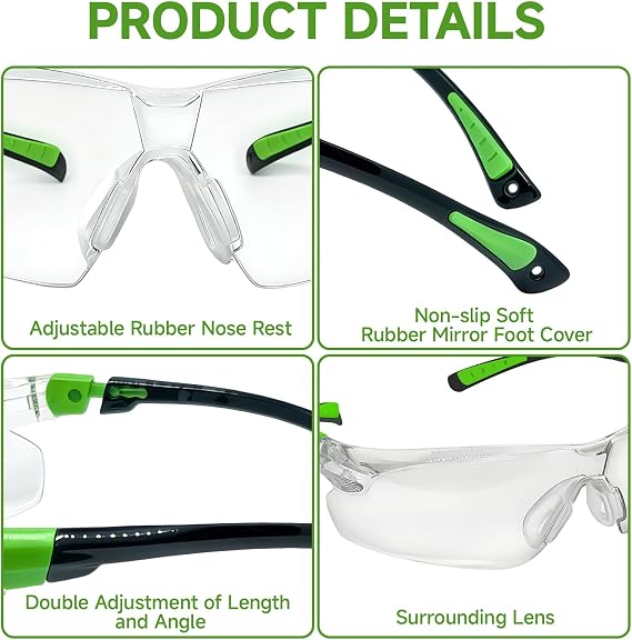 Clear Adjustable Safety Glasses for Work, Anti-Fog Anti-Scratch Coating UV Protection Wrap-Around Lenses Non-Slip Grips Safety Glasses With Case and Neck Cord for All-Day Wear– Black/Green Frames
