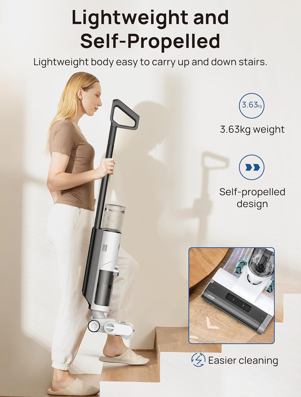 Woman cleaning with JONR ED12, showing up to 30 minutes of cleaning time