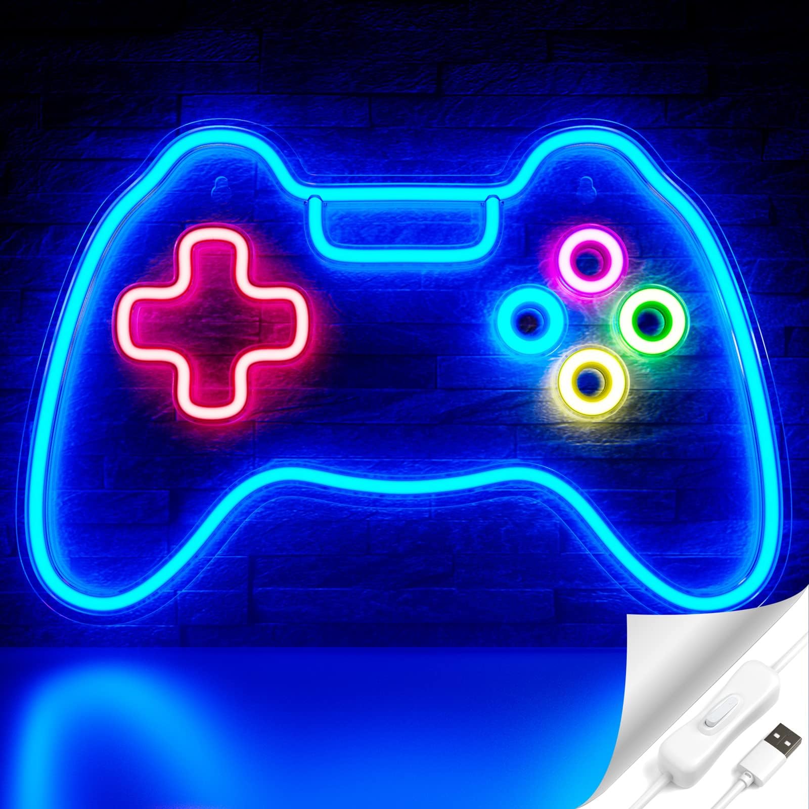 Cisteen Game Neon Sign, Gamepad Shape LED Neon Light Signs with Acrylic Board, USB Powered Game Room Decoration Wall Light, Gamer Gifts Neon Lights for Boys Teen Gaming Zone Party,Bedroom,Man Caves