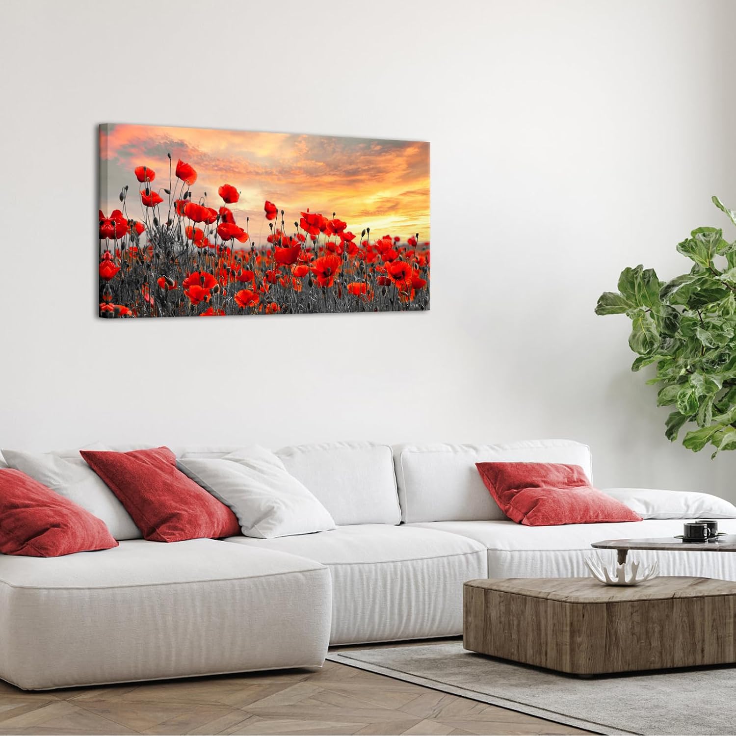 NutArtPic Red Poppy Flower Canvas Wall Art Red Floral Pictures Wall Decor Nature Floral Painting Sunset Picture Prints Framed 24''X48''