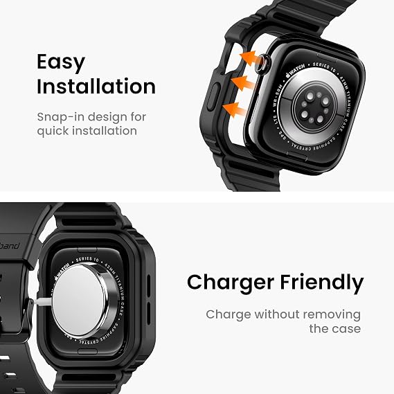 amBand Rugged Case with Band for Apple Watch Series 10 11 42mm, Shockproof & Protective Sport Bumper Cover, Lightweight & Comfortable Strap for Men & Women, Matte Black