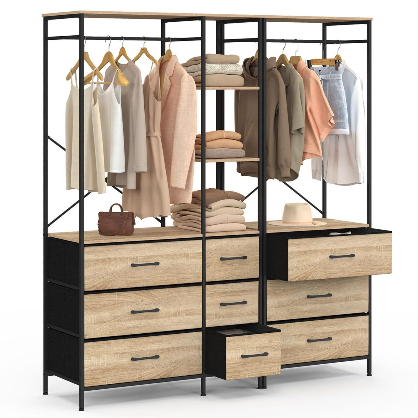 IDMarket - Armario modular L. UTAH XXL 150 cm con 3 estantes y 9 bandejas de tela de madera y negro