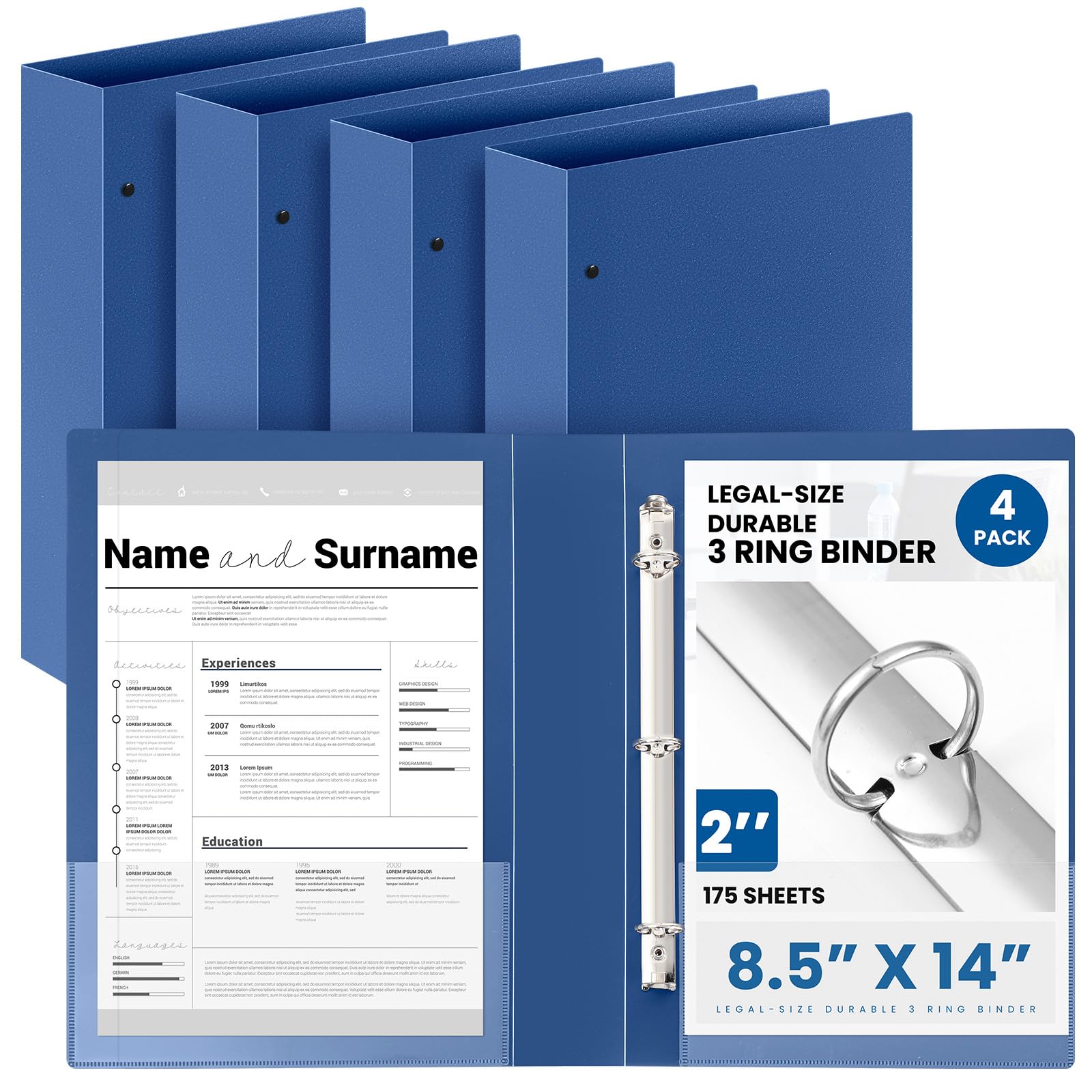 Henoyso 4 Pcs 8.5" x 14" Legal Size Binder, 3 Ring, 2 Inch, Navy Blue