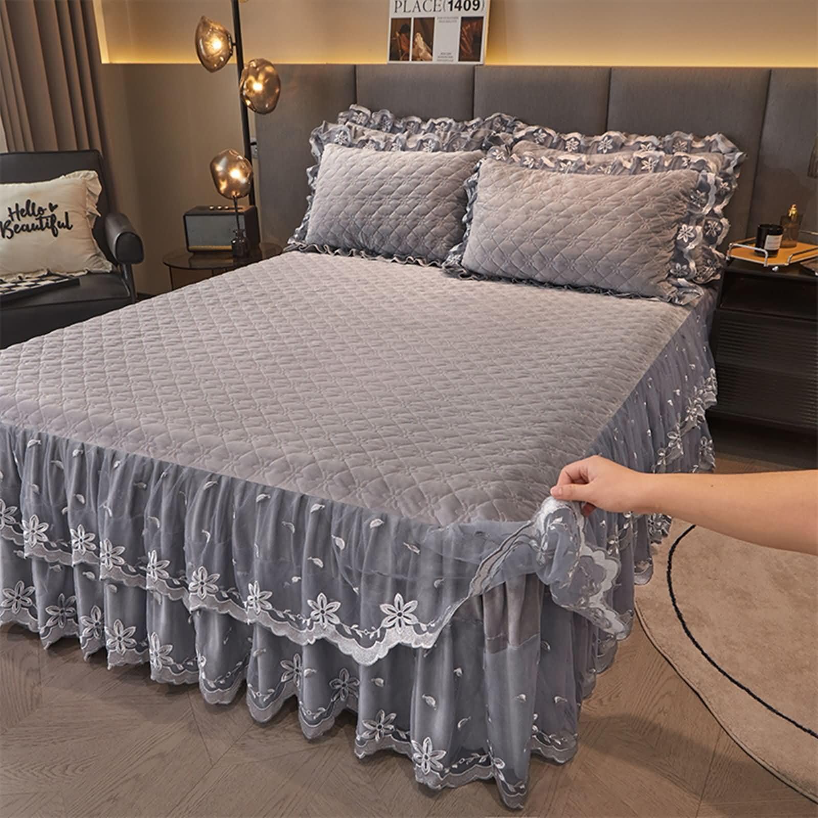 Drap Housse Velours avec Élastique, Motif de Dentelle Brodée avec Couleur Unie, 180 x 220 CM, Gris Argent