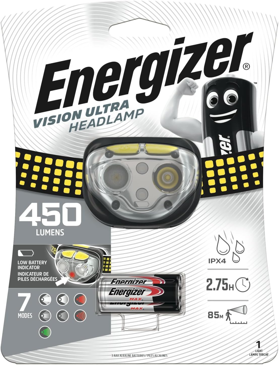 Energizer Vision Ultra LED Headlight - 450 Lumens, 7 Modes, 85m Beam Distance, IPX4 Waterproof, Includes 3 AAA Batteries