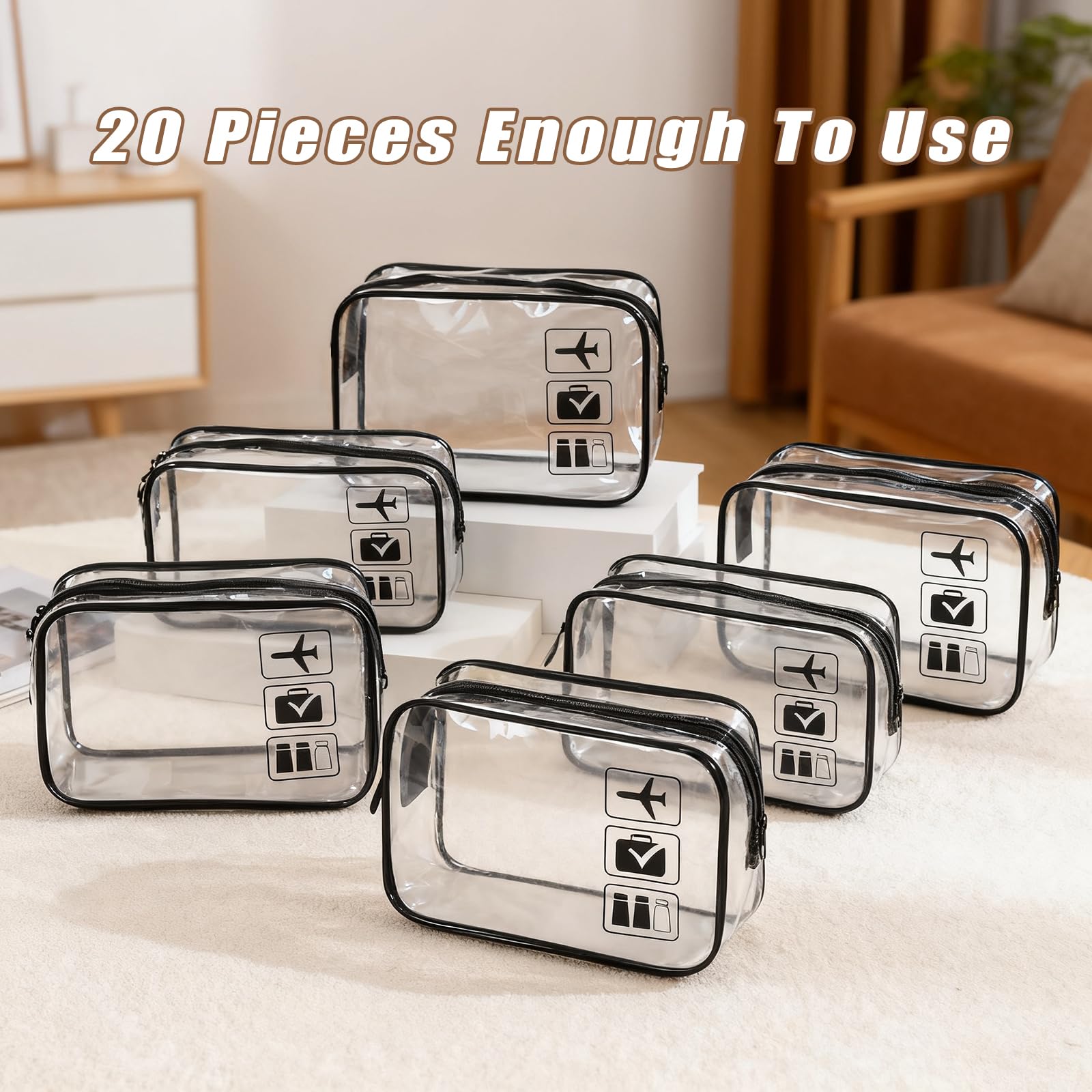 Lot de 20 trousses de toilette de voyage transparentes approuvées par la TSA pour homme et femme (noir)