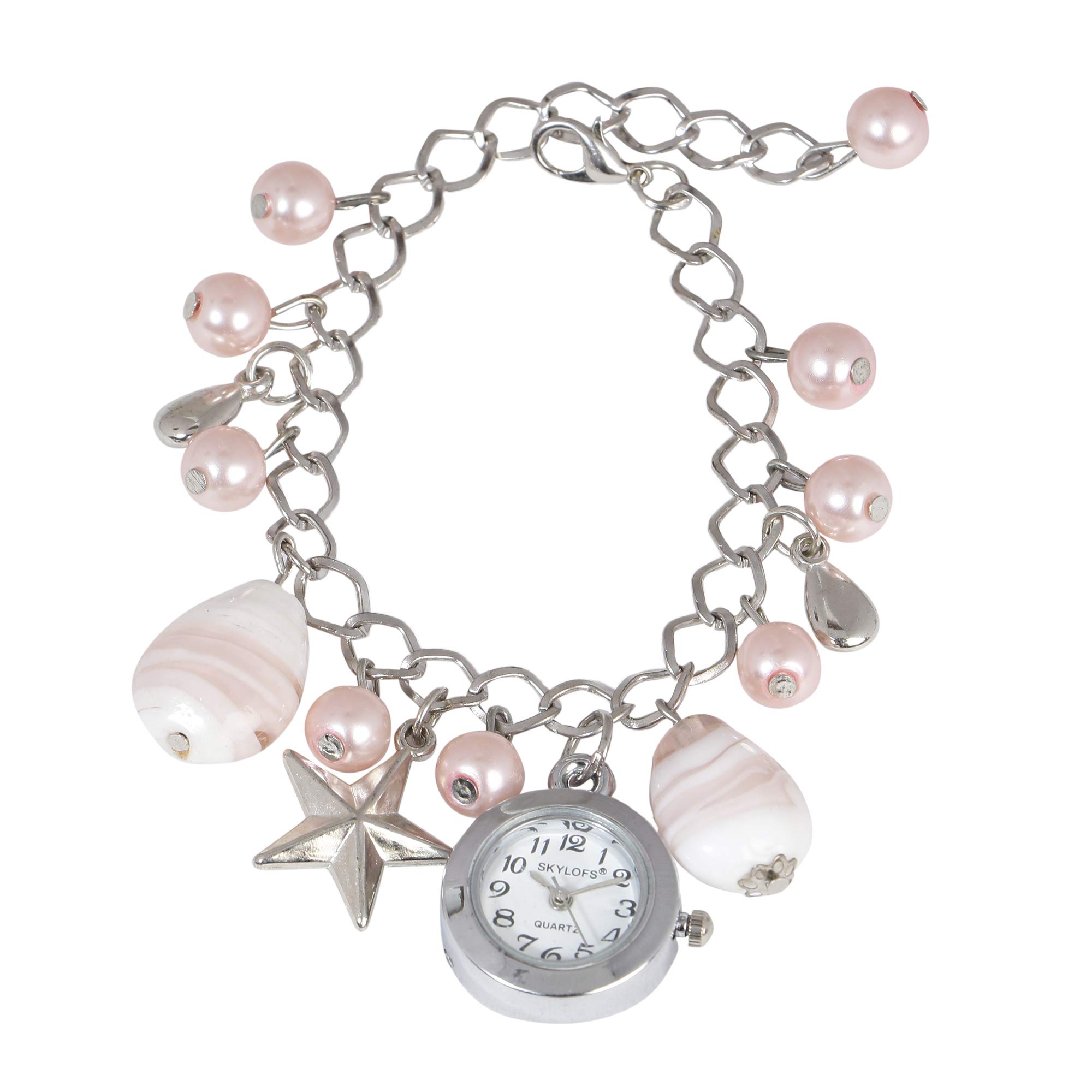 SKYLOFTS Fabric White Pearl Hanging Charm Analogue Watch Bracelet For Girls (Off-White) (Pink) (B08PG3GHM8) Amazon Price History, Amazon Price Tracker